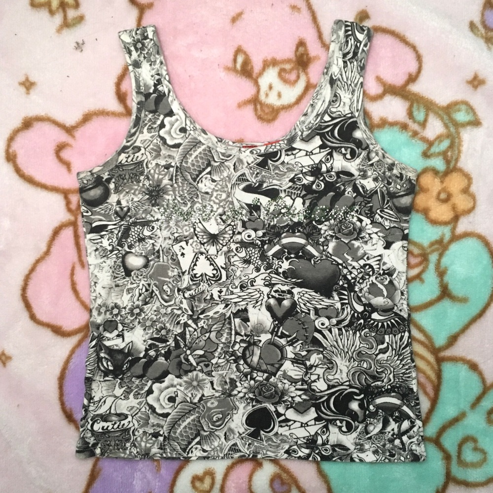 Y2K 00s Sour N Cream Black White Tattoo Graphic Printed Tank Top L